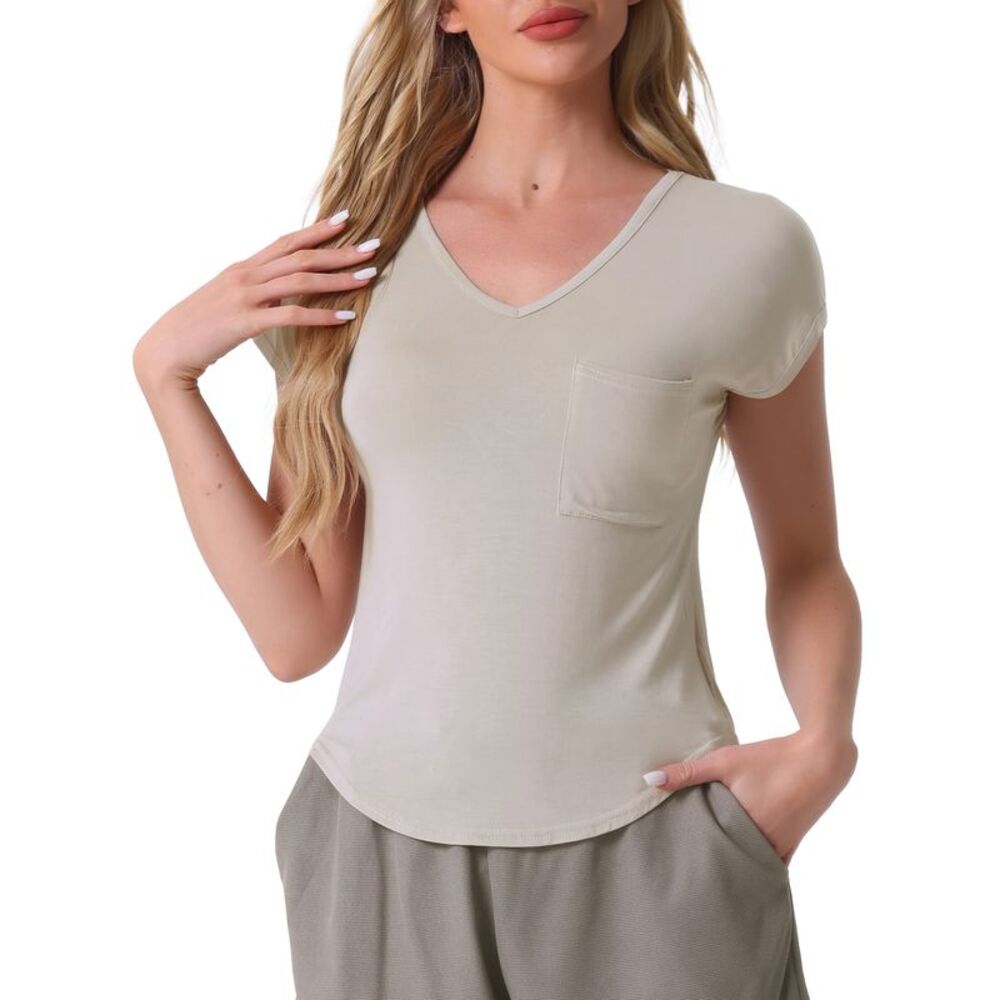 Sleep T-Shirt V-Neck Pajamas Top with Pockets Beige